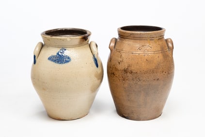 TWO OHIO DOUBLE-HANDLED TWO GALLON STONEWARE JARS, INCL. SOLOMON PURDY (PORTAGE COUNTY, 1828-1840)