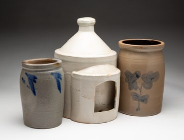 THREE STONEWARE ITEMS, INCLUDING TWO COBALT-DECORATED JARS.