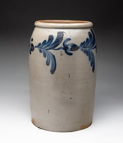 RICHARD REMMEY STYLE TWO GALLON COBALT-DECORATED STONEWARE JAR.