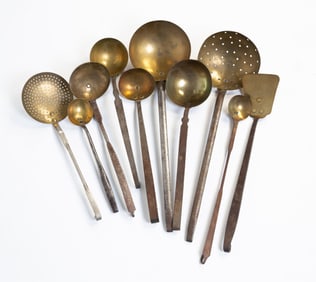 TEN BRASS AND IRON KITCHEN UTENSILS, INCL. F.B. SMITH (CANTON, OHIO).