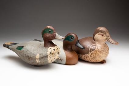 TWO AMERICAN CARVED AND PAINTED GREEN-WINGED TEAL DUCK DECOYS PLUS RUDDY DUCK EXAMPLE.
