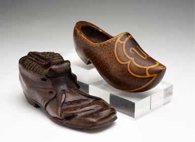 TWO CARVED WOOD SHOES, INCL. LIDDED INKWELL.