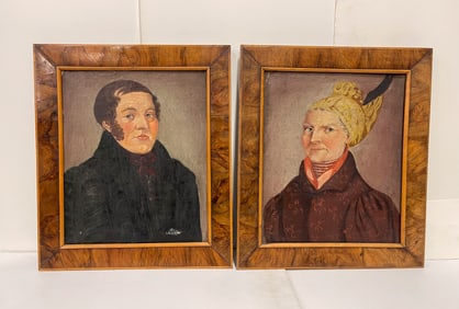PAIR OF EUROPEAN SCHOOL FOLK ART OIL ON LINEN PORTRAITS OF HUSBAND AND WIFE.