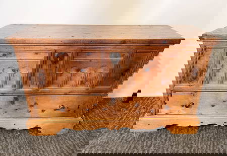 LARGE CARVED PINE BLANKET CHEST WITH DRAWER.: Spanish or North European, 19th Century. Pine. Lid with applied edge molding, dovetailed lower drawer and bracket feet front with rope twist corners, five panels, two with Romanesque arcades, wrought