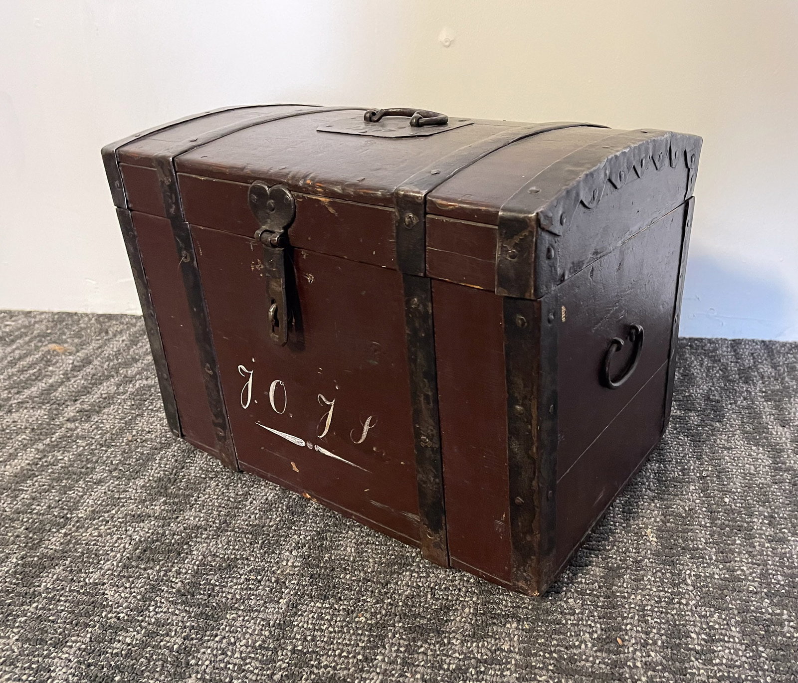 EUROPEAN IRON-BOUND AND PAINTED PINE DOME TOP TRUNK, DATED 1845. (1 of 3)
