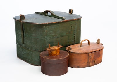 FOUR BENTWOOD BOXES, INCLUDING LARGE GREEN-PAINTED BENTWOOD BRIDE'S BOX.