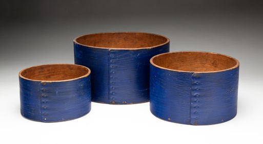 THREE GAGE & CO. COBALT-PAINTED GRADUATED BENTWOOD MEASURES.