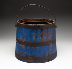 AMERICAN IRON-BOUND, BLUE-PAINTED, AND STAVED WOOD BUCKET WITH HANDLE.