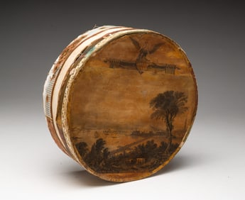 ROUND WALLPAPER BOX WITH PRINT OF BOSTON HARBOR ON LID.