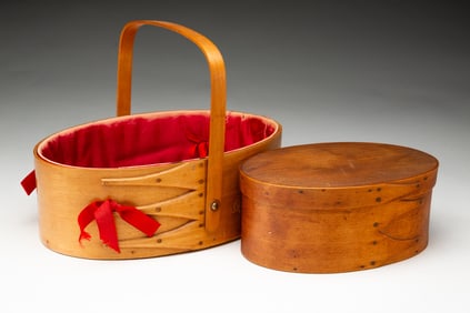 TWO SHAKER BENT MAPLE AND PINE BOXES, INCLUDING SEWING CARRIER.