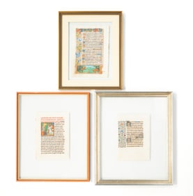 THREE VELLUM ILLUMINATED MANUSCRIPT LEAVES.