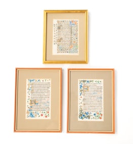 THREE VELLUM ILLUMINATED MANUSCRIPT PAGES.