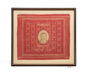 THEODORE ROOSEVELT PROGRESSIVE PARTY BATTLE FLAG, DATED 1912, PLUS TWO POLITICAL BUTTONS.