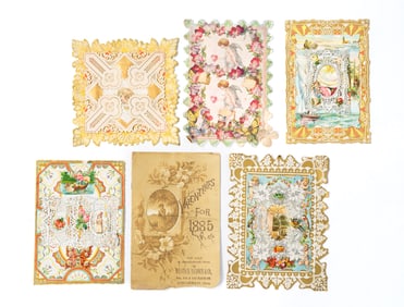 FIVE VICTORIAN GREETING CARDS PLUS WILSTACH, BALDWIN & CO. OF CINCINNATI VALENTINE TRADE LEAFLET.