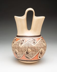 FANNIE NAMPEYO (1900-1987) HOPI PUEBLO POLYCHROMED EARTHENWARE WEDDING VASE.