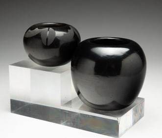 TWO SANTANA AND ADAM MARTINEZ SAN ILDEFONSO PUEBLO BLACKWARE POTTERY VESSELS.