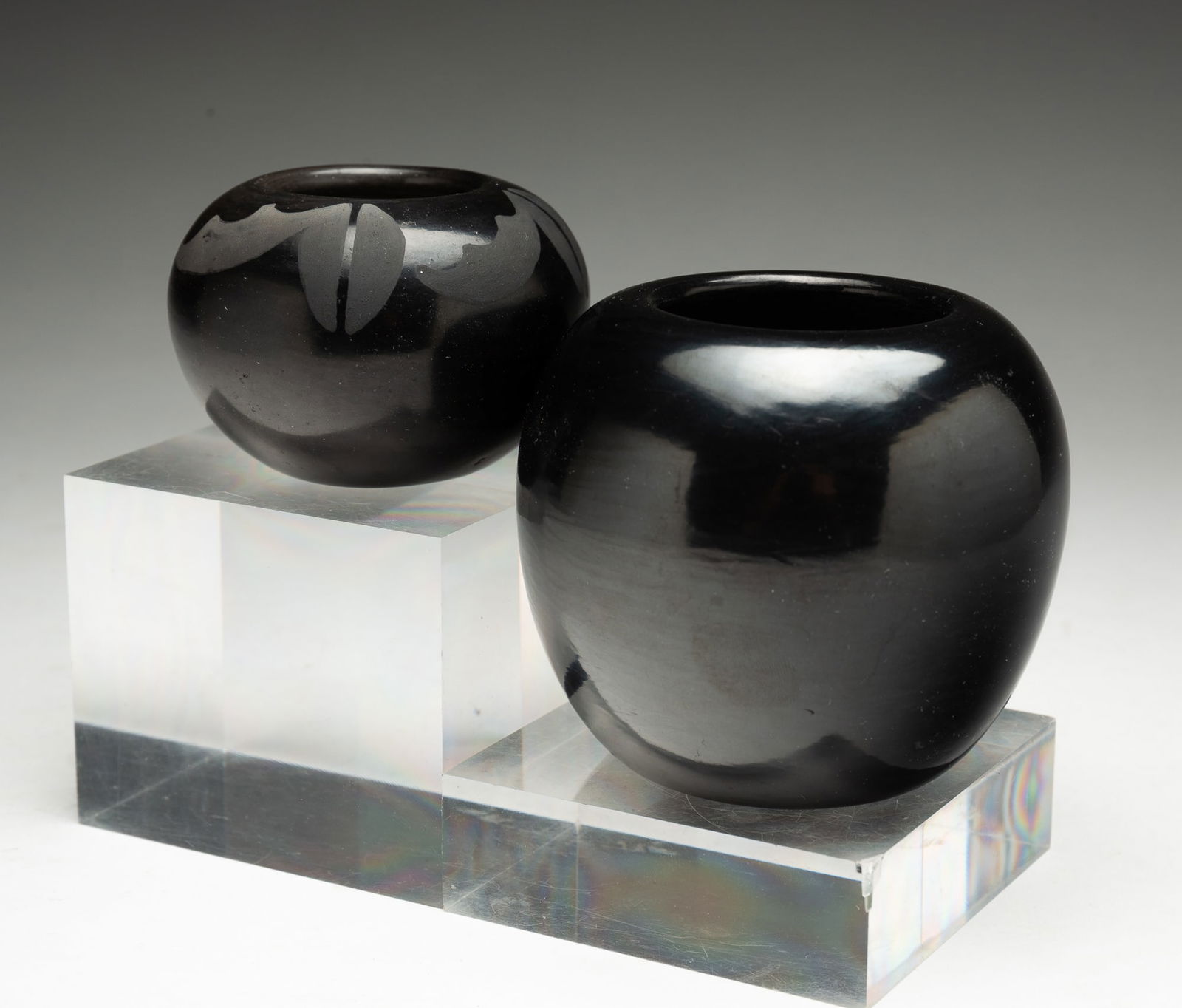 TWO SANTANA AND ADAM MARTINEZ SAN ILDEFONSO PUEBLO BLACKWARE POTTERY VESSELS. (1 of 3)