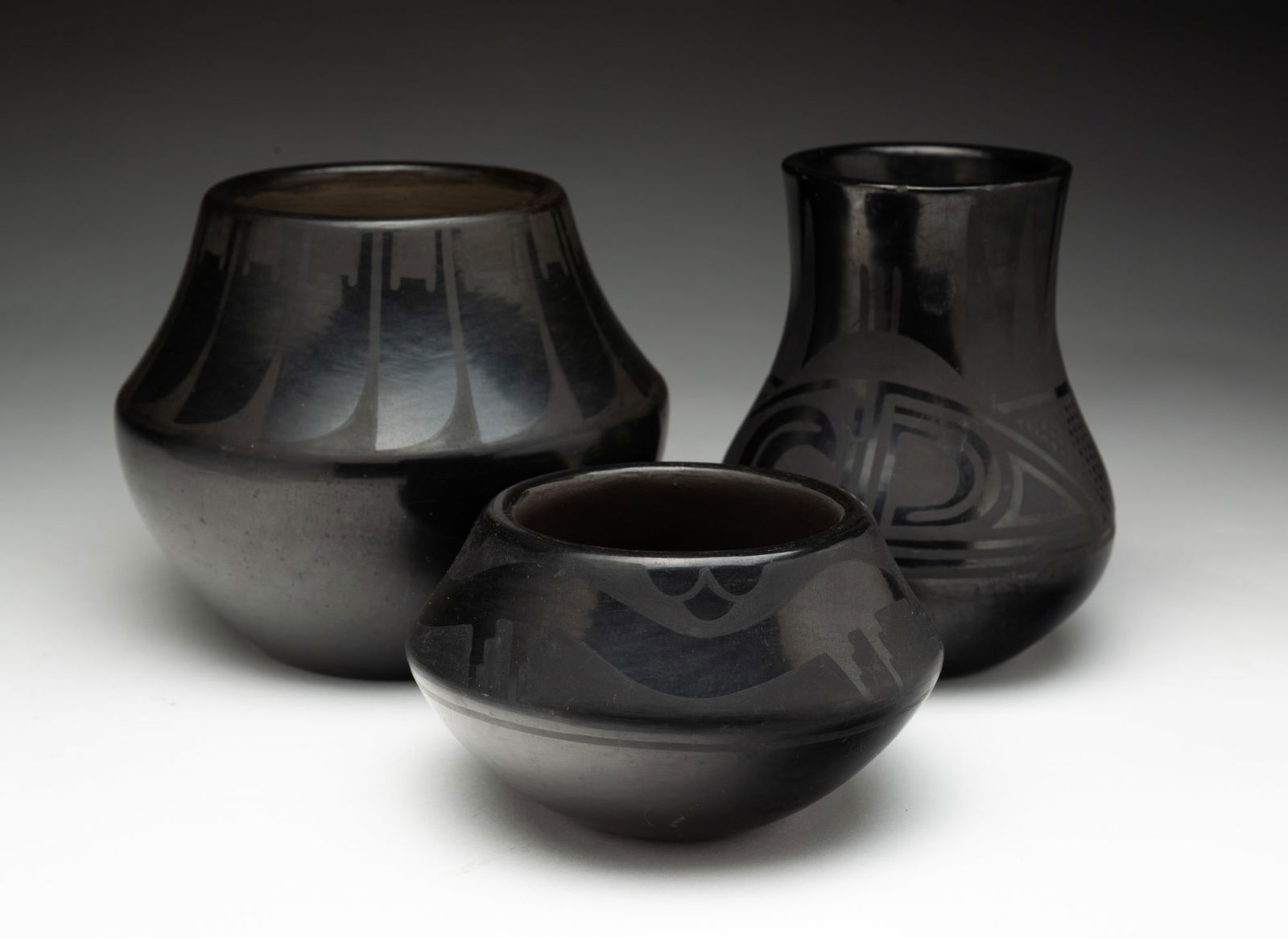 THREE-PIECES OF SAN ILDEFONSO PUEBLO BLACKWARE POTTERY VESSELS, INCLUDING DESIDERIA SANCHEZ AND BLUE (1 of 5)