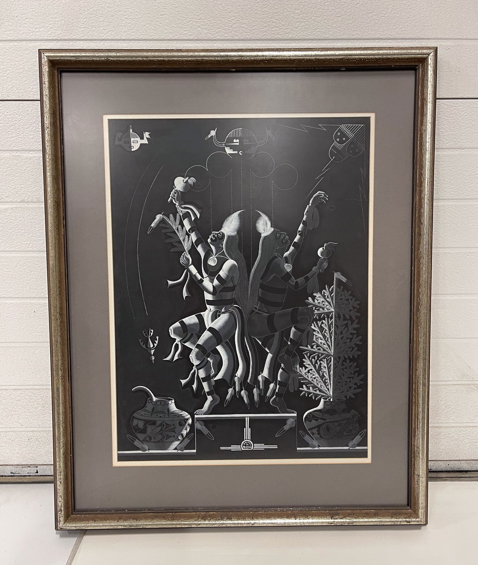 RAFAEL MEDINA (ZIA PUEBLO, 1929-1998) TEMPERA ON BOARD OF NATIVE AMERICAN DANCER. (1 of 5)