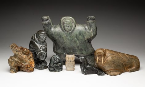 SEVEN INUIT FIGURAL CARVED STONE SCULPTURES, INCL. CHARLIE SALA, G. YOUNG, AND RANA SADAMANA.