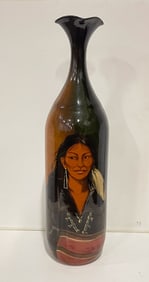 RICK WISECARVER (ZANESVILLE, OHIO, 1950-2002) LARGE GLAZED EARTHENWARE ART POTTERY VASE WITH NATIVE