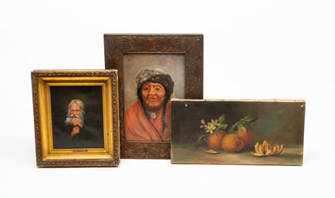 THREE OIL PAINTINGS, INCL. NATIVE AMERICAN PORTRAIT.