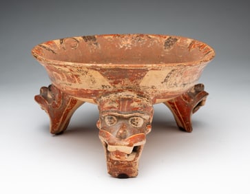 POLYCHROME DECORATED EARTHENWARE TRIPOD BOWL.
