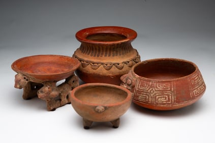 FOUR DECORATED EARTHENWARE VESSELS.