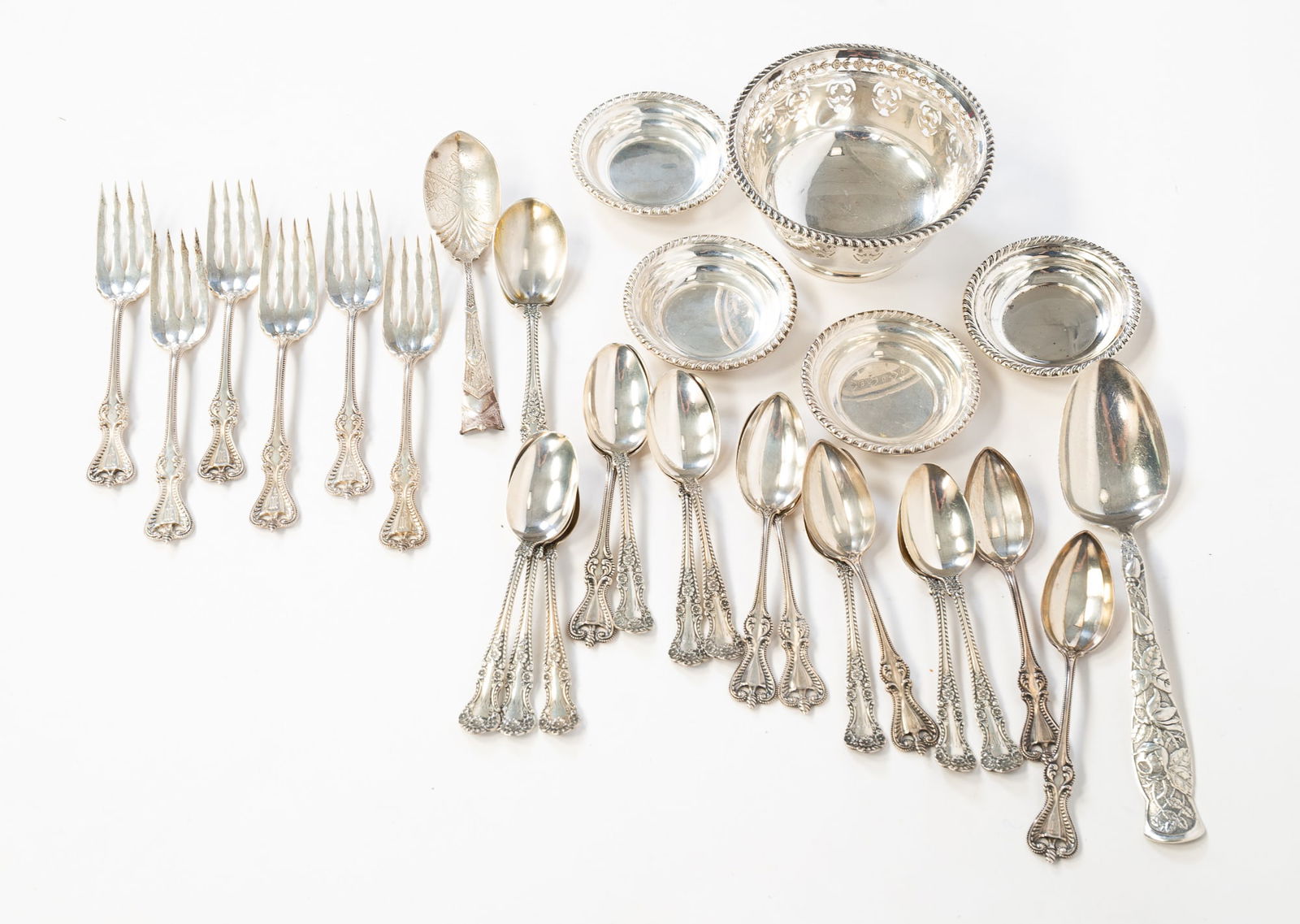 STERLING SILVER FLATWARE AND TABLE ACCESSORIES.: American, 19th Century. Comprising ten Gorham (Campbridge) teaspoons monogrammed "M," six Towle (Old Colonial) forks monogrammed "M, six Towle (Old Colonial) teaspoons monogrammed "M," four Preisner n