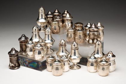 GROUP OF 29 STERLING SILVER MINIATURE SALT AND PEPPER SHAKERS.