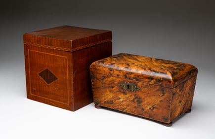 ENGLISH SATINWOOD AND LINE-INLAID TEA CADDY PLUS FAUX-TOROISESHELL EXAMPLE.