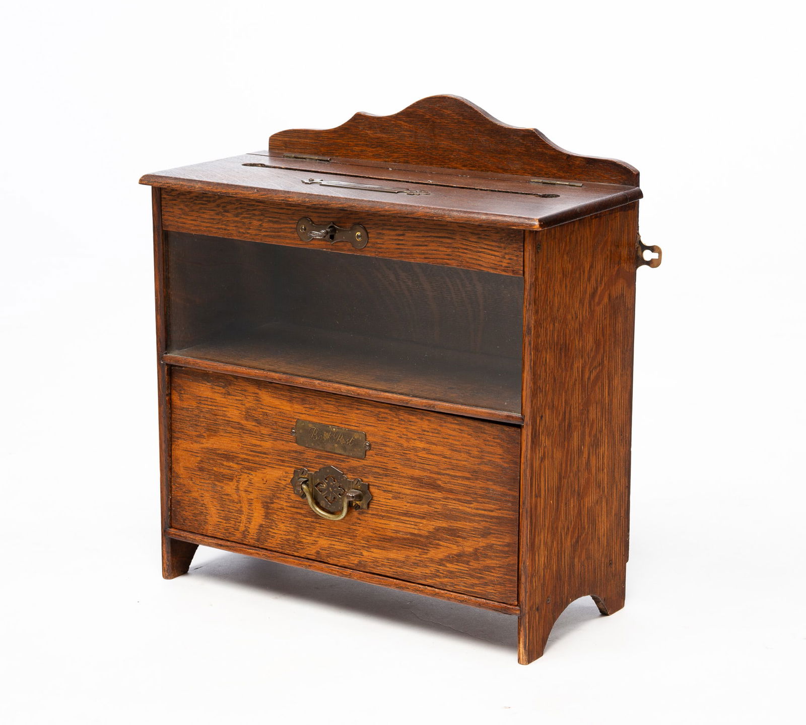 EDWARDIAN QUARTERSAWN OAK COUNTER-TOP POST BOX. (1 of 7)