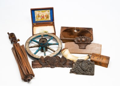 A GROUP OF WOODEN WARE AND A POWDER HORN.