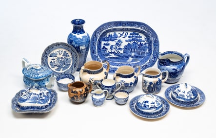 COLLECTION OF BLUE AND WHITE TRANSFERWARE, INCL. WEDGWOOD, BUFFALO POTTERY, AND ROYAL DOULTON.