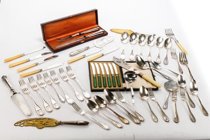 GROUP OF SILVER PLATE UTENSILS AND FLATWARE, INCL. STERLING SILVER SPOON AND 800 SILVER EXAMPLE.