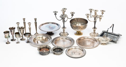 COLLECTION OF SILVER PLATE ITEMS, INCL. PAIR OF WEIGHTED STERLING CANDLESTICKS.