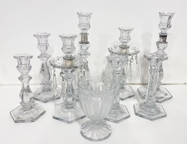 NINE HEISEY (NEWARK, OHIO) GLASS ITEMS, INCL. CANDY JAR.
