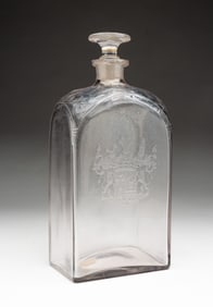 ENGLISH BLOWN AND ETCHED HALF-POST CASE BOTTLE WITH COAT OF ARMS.