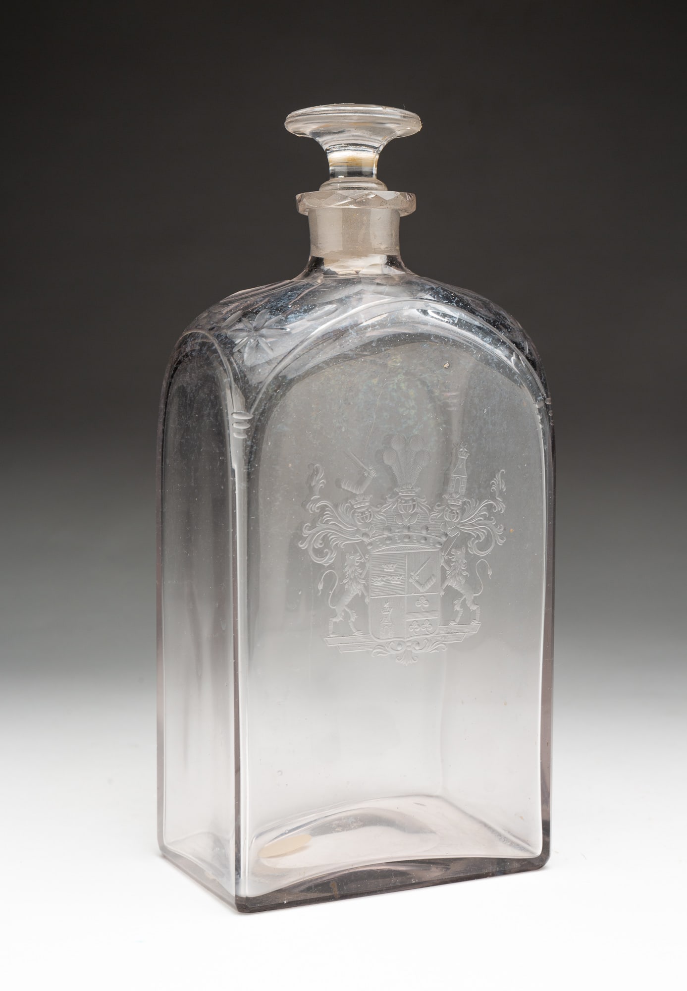 ENGLISH BLOWN AND ETCHED HALF-POST CASE BOTTLE WITH COAT OF ARMS. (1 of 6)