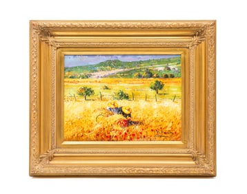 PEDRO FRAILE (SPANISH, B. 1957) "WHEAT HARVEST" OIL ON CANVAS.