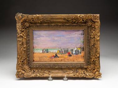 STYLE OF EDWARD POTTHAST (AMERICAN, 1857-1927), AMERICAN SCHOOL OIL ON BOARD OF BEACH SCENE.