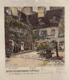 HERTA CZOERNIG-GOBANZ (AUSTRIAN, 1886-1970) HAND-COLORED ETCHING OF SCHUBERT'S HOME.