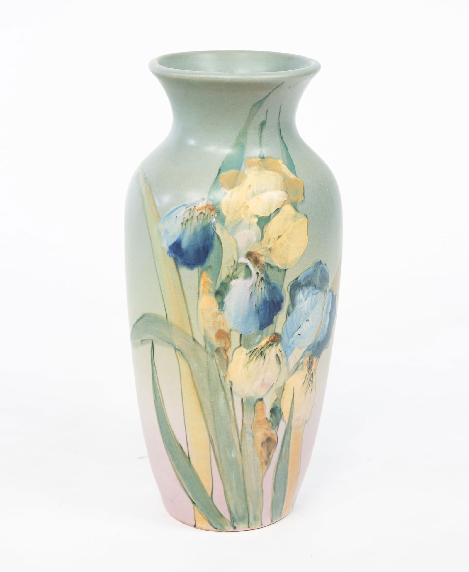 SARAH R. MCLAUGHLIN (AMERICAN, 1872-1939) FOR WELLER POTTERY CO. EARTHENWARE IRIS-DECORATED VASE. (1 of 5)