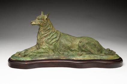 MANNER OF ALBERT LAPLANCHE (FRENCH, 1854-1935) RECUMBENT GERMAN SHEPARD PATINATED AND CAST BRONZE