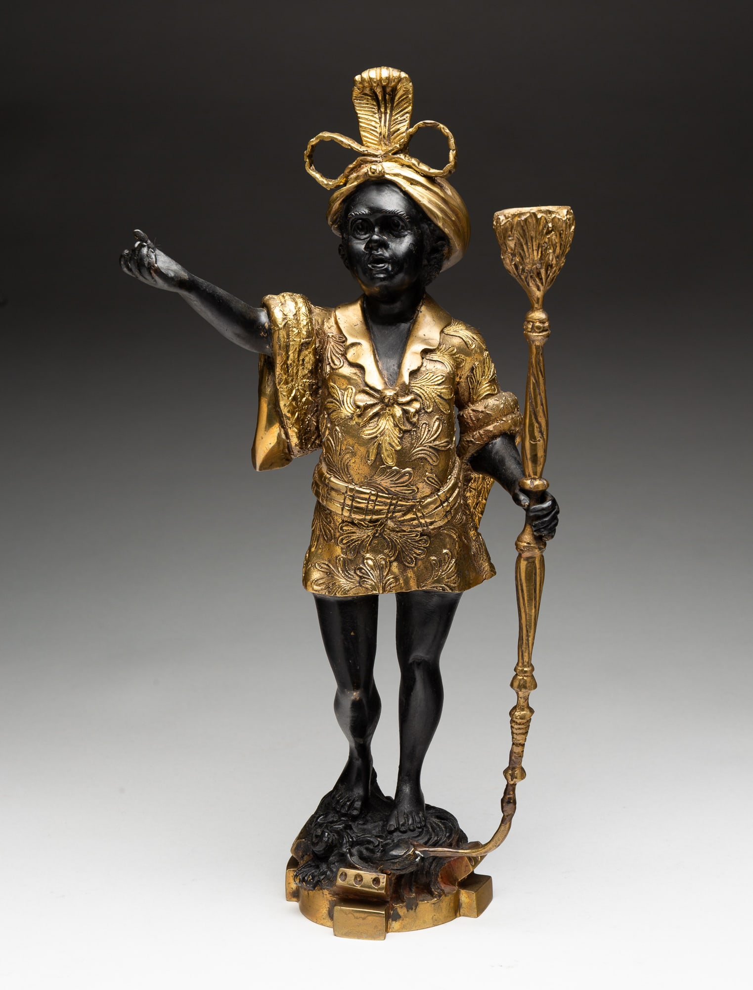 EUROPEAN EBONIZED AND GILT BRONZE BLACKAMOOR CANDLEHOLDER. (1 of 5)
