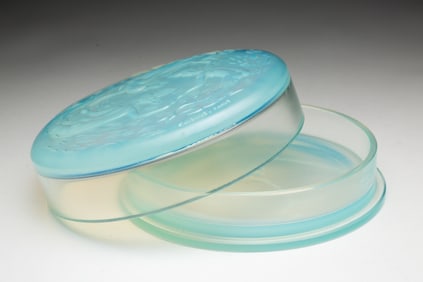 SABINO OPALESCENT GLASS LIDDED DRESSER JAR WITH MERMAIDS.