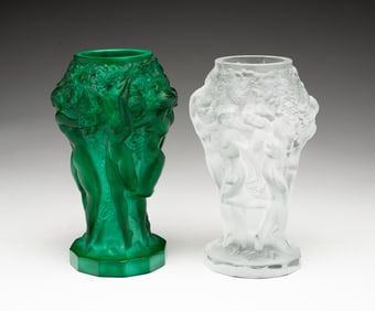 TWO GRAPE HARVEST ART GLASS VASES, INCL. DESNA.