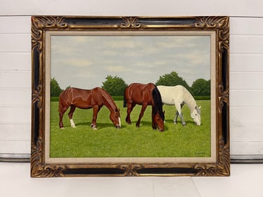 ROGER DELAPORTE (FRENCH, 1907-1969) "TROIS CHEVAUX" OIL ON CANVAS.