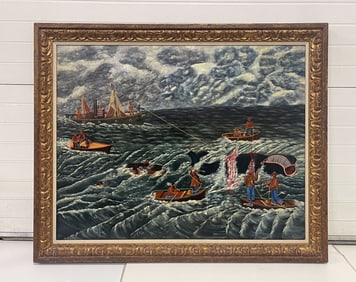 NARCISSE BELLE (FRENCH, 1900-1967) LARGE OIL ON CANVAS WHALING SCENE.