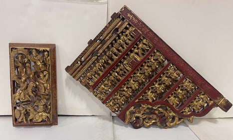 TWO CHINESE CARVED, LACQUERED, AND GILT-DECORATED WOOD PANELS.